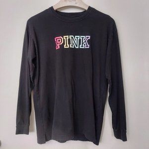 Victoria's Secret PINK Rainbow Ombre Campus Long Sleeve Tee Shirt, Black, Size S